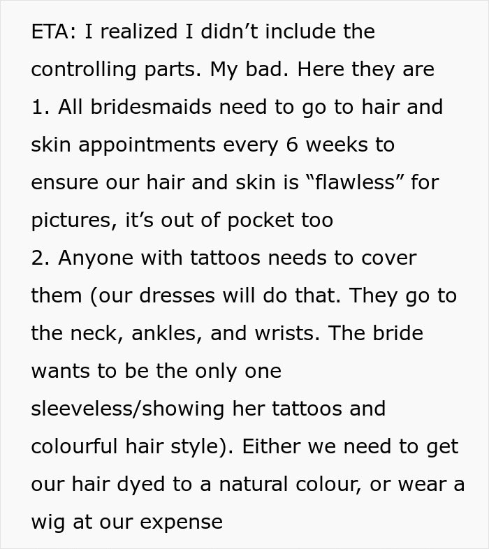 Bridezilla sister enforces strict bridesmaid rules on appearance, leading to tension before the wedding with family involvement. Bridezilla sister enforces strict bridesmaid rules on appearance, leading to tension before the wedding with family involvement.
