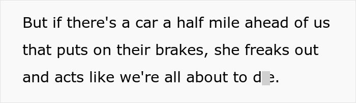 Text excerpt describing wife's anxiety meltdown causing risk, highlighting husband banning wife from front seat.