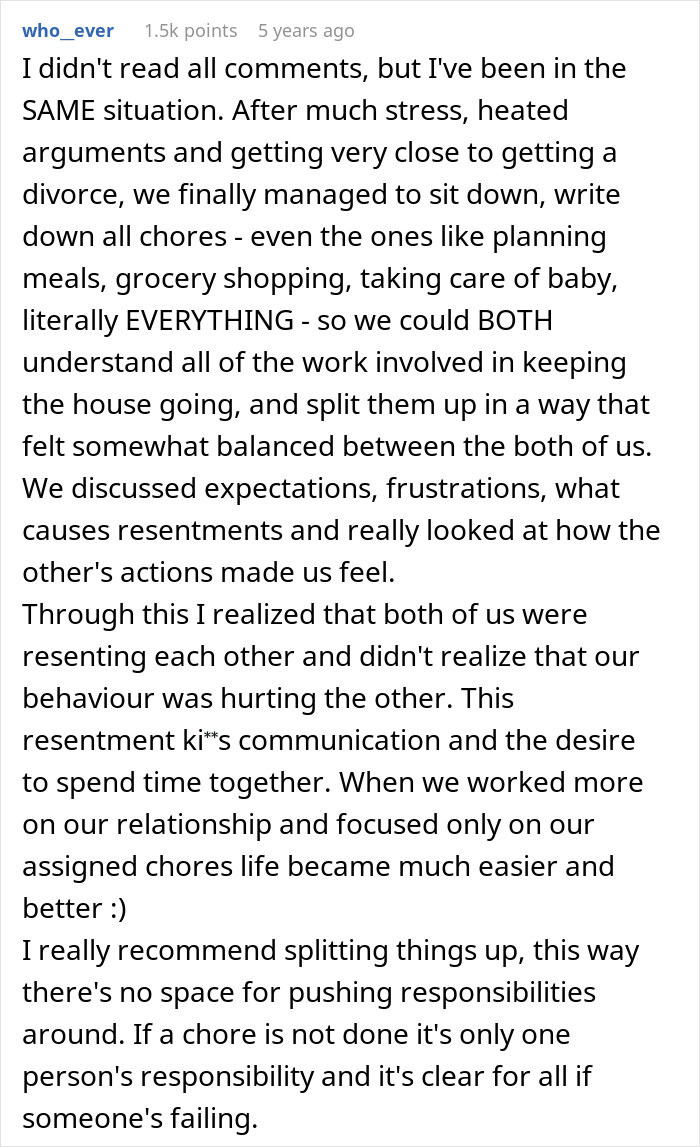 Commenter shares experience resolving household chore conflicts by dividing tasks and improving communication to balance responsibilities.