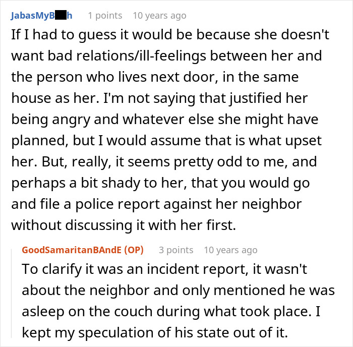 Screenshot of Reddit comments discussing a neighbor dispute and incident report related to a guy&rsquo;s heroic actions and relationship issues.