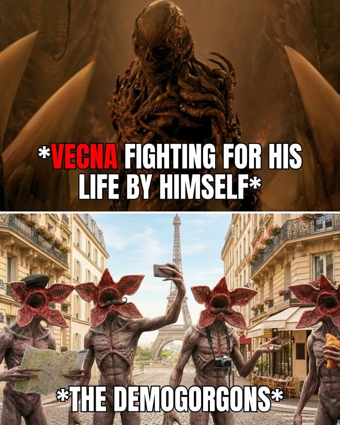 Stranger Things meme showing Vecna fighting alone while Demogorgons take selfies in Paris, highlighting fan reactions to the ending.