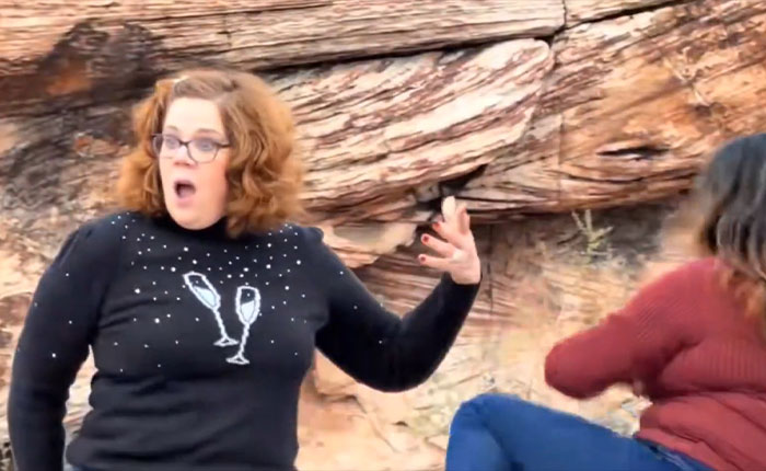Woman blocking tourist&rsquo;s shot at Red Rock Canyon in viral First Karen of 2026 incident with rock formations background