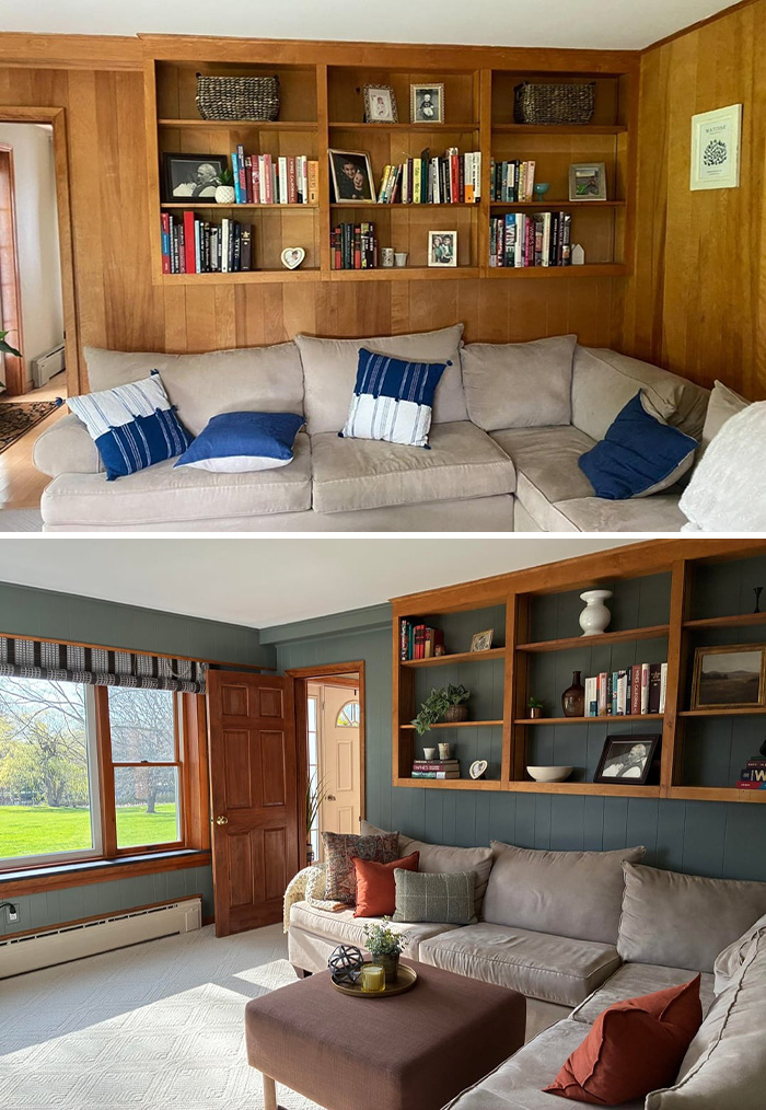 Cozy living rooms featuring built-in wooden shelves and stylish home decoration with pillows and books.