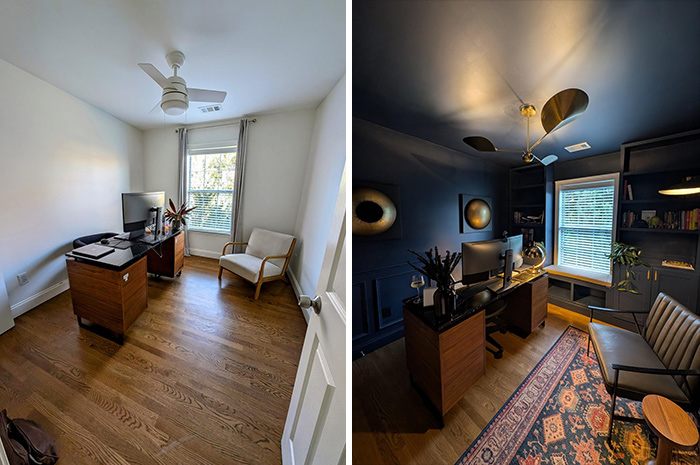 Before and after home office makeover showing dramatic improvement in stylish home decoration and design details.