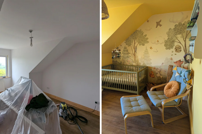 Before and after photos showing a home decoration transformation with a cozy and colorful nursery design.
