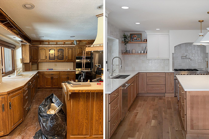 Before and after home kitchen decoration showing a modern and stylish renovation with updated cabinets and flooring.