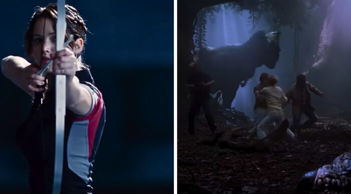 Split image: archer drawing a bow on left, people confronting a towering dinosaur in a dark forest on right, Would You Rather