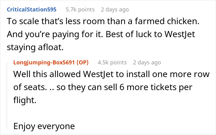 Reddit screenshot of angry passenger complaining about sardine can seating and cramped new plane rows added by airline Reddit screenshot of angry passenger complaining about sardine can seating and cramped new plane rows added by airline