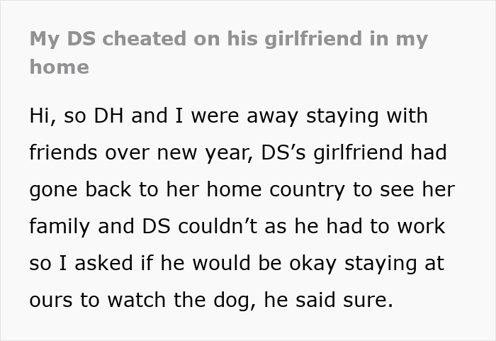 Text excerpt about a mom discovering her son is cheating on his girlfriend and considering telling her. Text excerpt about a mom discovering her son is cheating on his girlfriend and considering telling her.