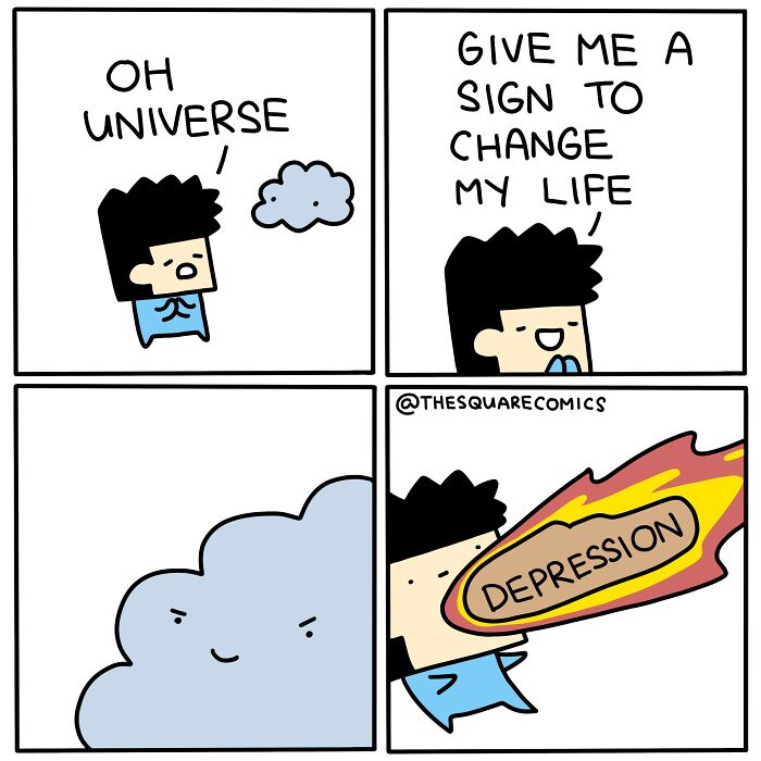 Darkly funny comic panel showing a person asking the universe for a sign about adulthood struggles and receiving depression.