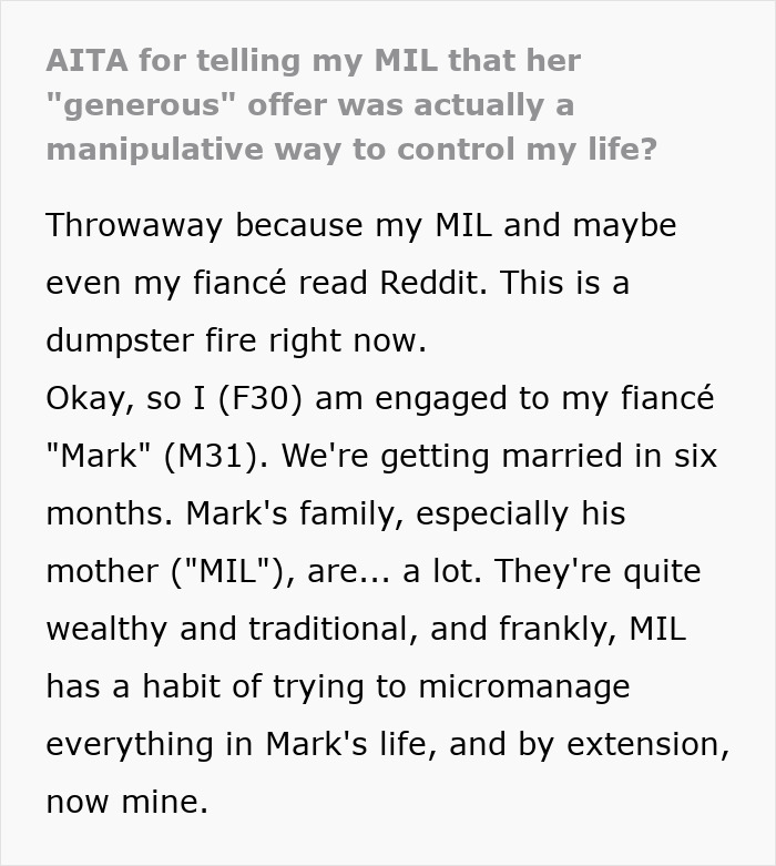 Text post about woman sharing how her MIL’s generous gift was actually a manipulative way to control her life and fiancé. Text post about woman sharing how her MIL’s generous gift was actually a manipulative way to control her life and fiancé.
