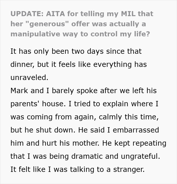 Alt text: Text discussing a woman confronting her MIL about a manipulative, controlling gift described as generous. Alt text: Text discussing a woman confronting her MIL about a manipulative, controlling gift described as generous.