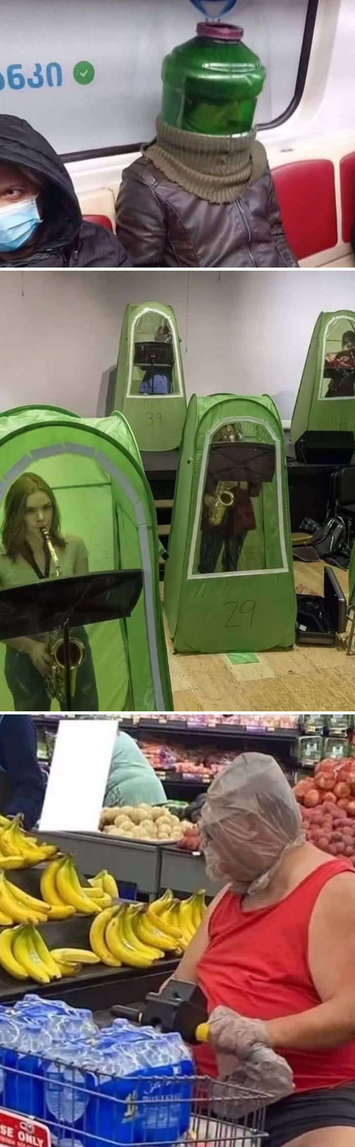 Unusual creative face coverings and protective setups shown in public, highlighting random facts about unique safety measures.