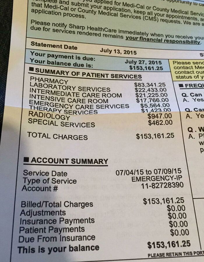 Medical bill showing detailed patient charges and services, highlighting healthcare cost differences seen in Europe and the US.