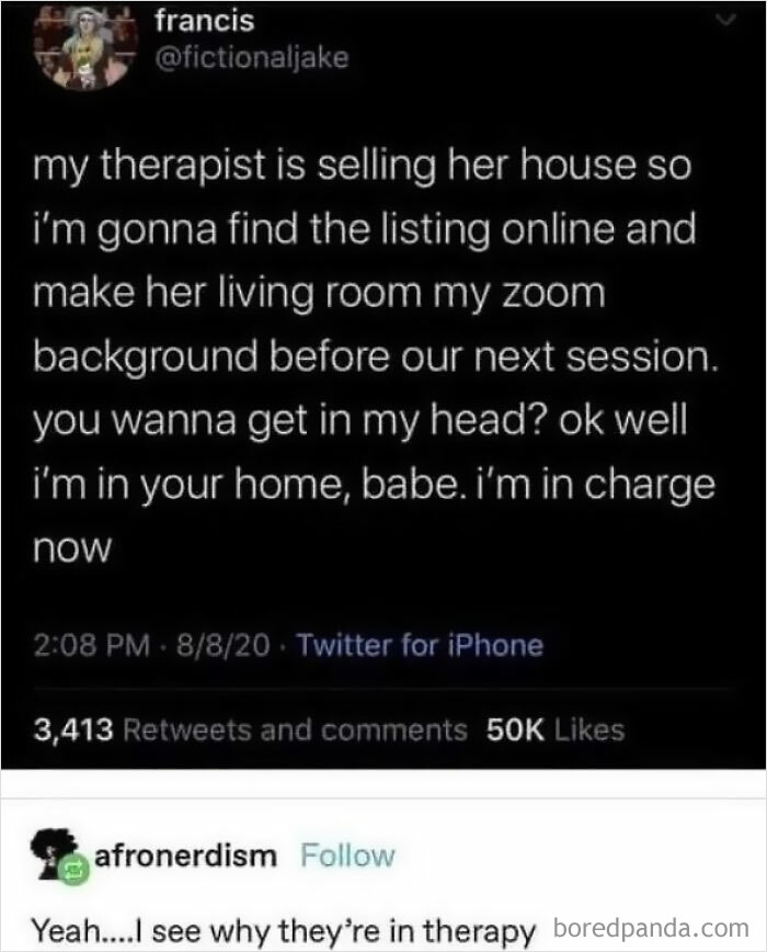 Therapy meme showing a tweet about using therapist's house listing as a Zoom background before the next session.