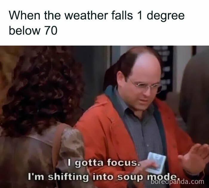 Man in orange jacket focusing while meme text relates to therapy memes and shifting into soup mode humor.