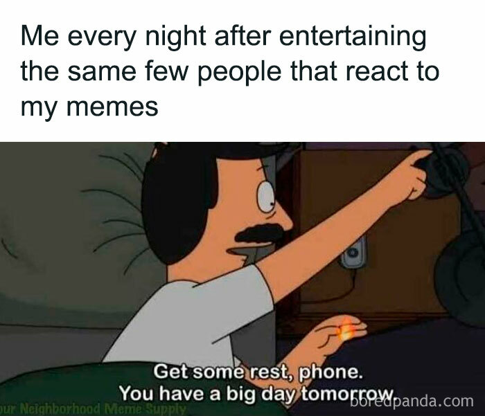 Cartoon character humorously telling a phone to rest after entertaining a few people in funny and relatable therapy memes.