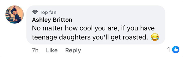 Comment from Ashley Britton mentioning teenage daughters roasting their parents, referencing Matt Damon's teen daughter roasting his red carpet pose. Comment from Ashley Britton mentioning teenage daughters roasting their parents, referencing Matt Damon's teen daughter roasting his red carpet pose.