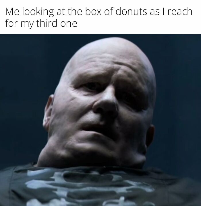 Man with a distorted face looking concerned, paired with a funny meme about reaching for a third donut.