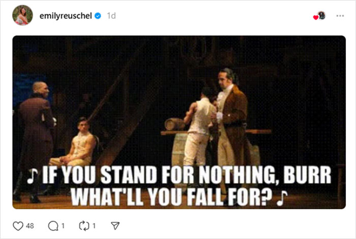 Scene from Hamilton with characters in period costumes and a text overlay about standing for something, related to a Disney thread viral discussion.