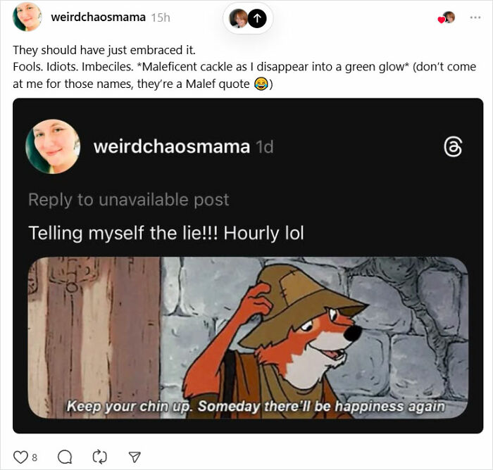 Screenshot of a viral Disney thread post showing a Robin Hood character with a hopeful quote about happiness.