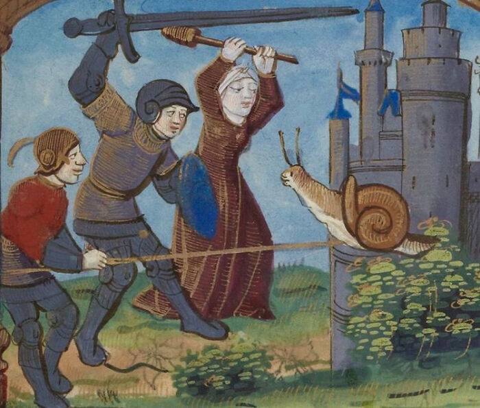 Medieval painting of knights and a lady attacking a giant snail near a castle, perfect for meme captions and punchlines.