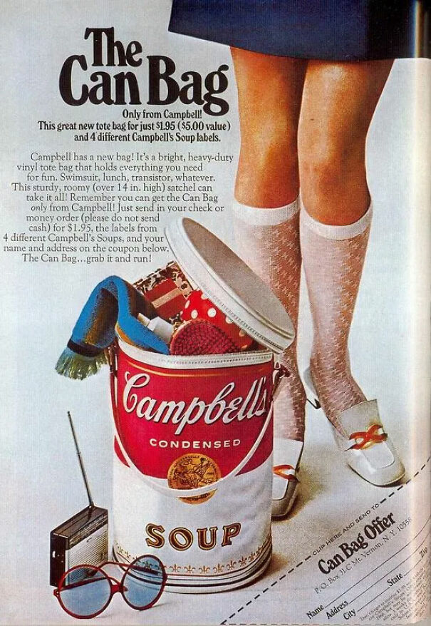 Vintage ad showcasing a Campbell’s soup can bag promoting retro values and design in classic advertising.