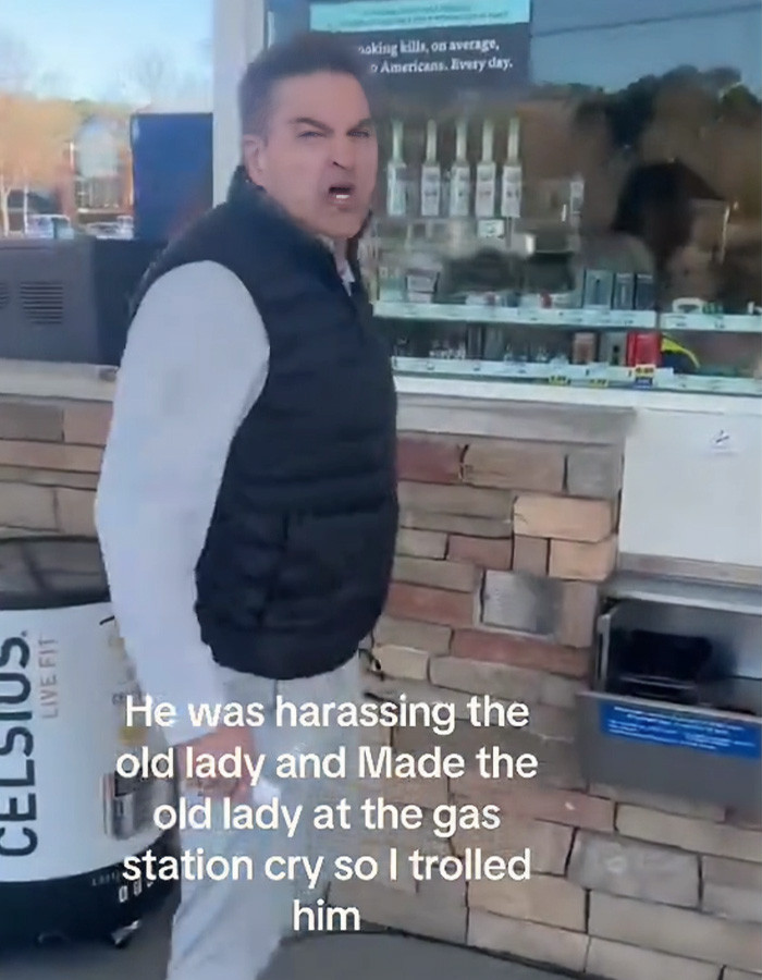 Man known as male version of Karen caught in new public meltdown at gas station, causing viral attention online.