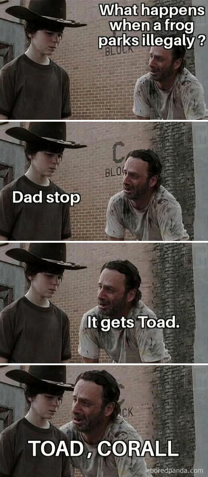 Two men in a rustic setting sharing a funny dad joke about a frog parking illegally, part of funny dad joke posts.