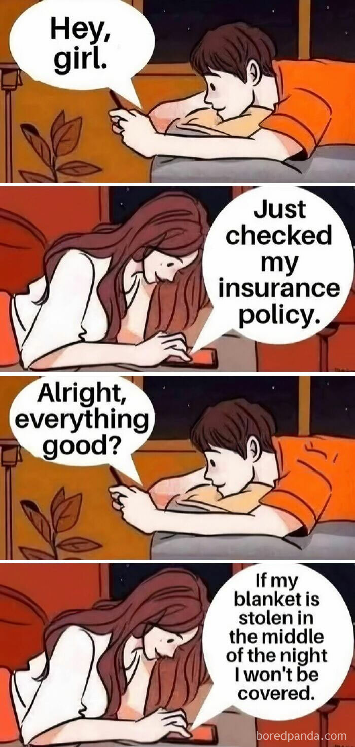 Cartoon of a couple texting humorous dad jokes about insurance and blankets in a funny dad joke post.