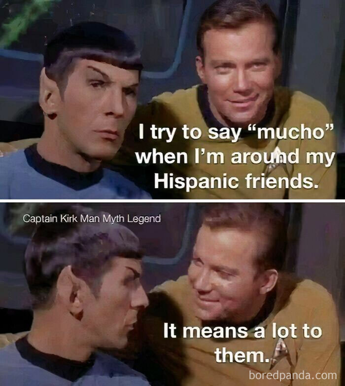 Two scenes from Star Trek with Captain Kirk and Spock, featuring funny dad joke posts with playful cultural humor captions.