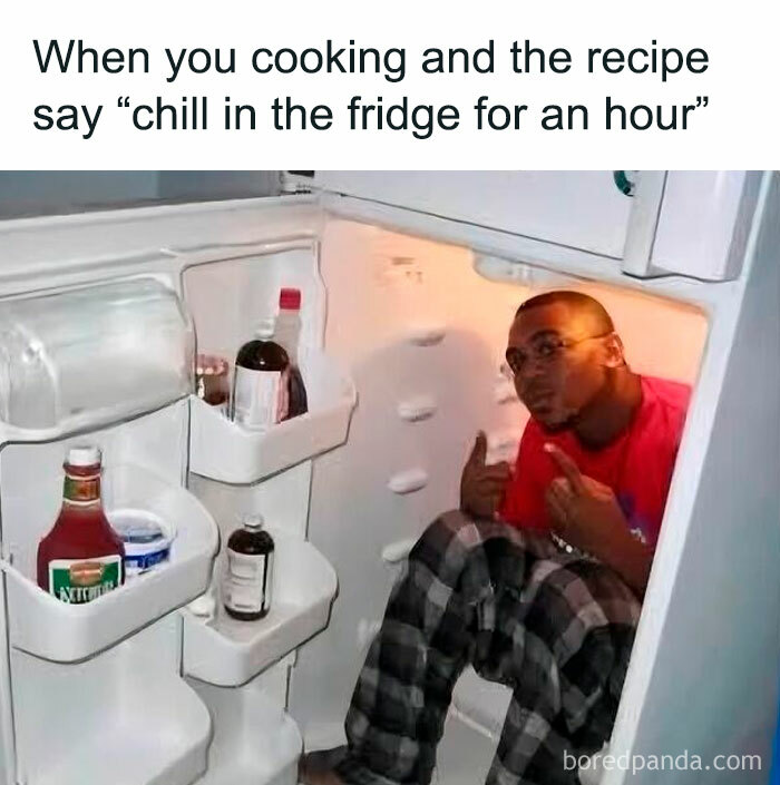 Man sitting inside a fridge as a funny dad joke post about cooking and chilling food in the fridge for an hour.