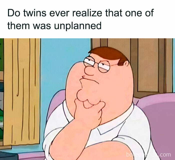 Cartoon character pondering a funny dad joke about twins, featured in a popular dad joke posts Facebook group.