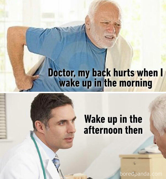 Older man with back pain talking to a doctor in a humorous dad joke about waking up late.