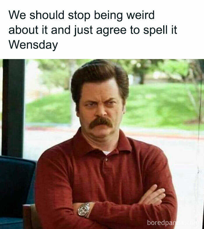 Man with mustache in red shirt looking serious with arms crossed, funny dad joke about spelling Wednesday as Wensday