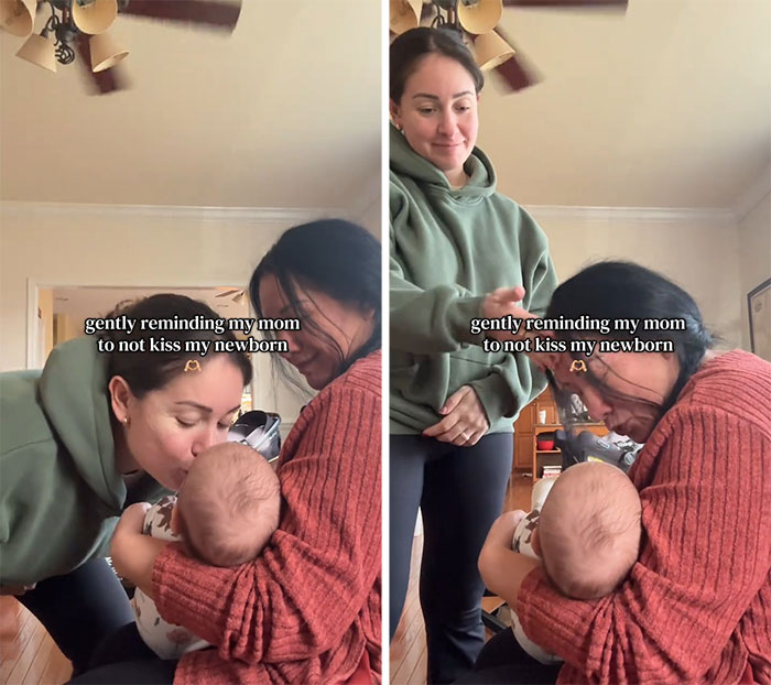 Woman gently reminding grandma to not kiss her newborn baby in a viral video with millions of views and internet reactions.