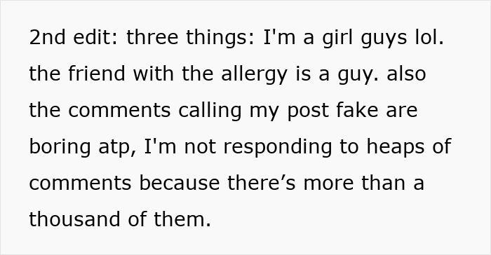 Text explaining a guest ignoring food allergy restrictions set by a party host, leading to being disinvited.