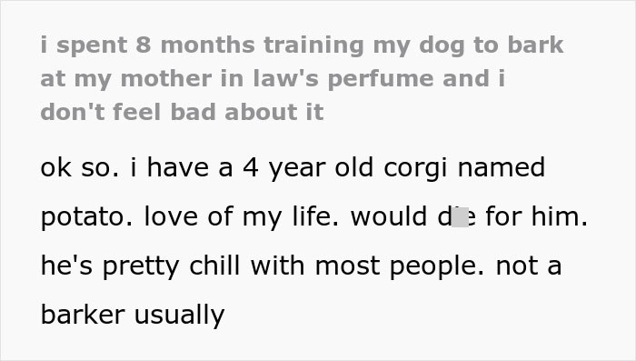 Postagem de texto sobre como treinar um cachorro para latir para o perfume da sogra, destacando as corridas de MIL ao padre após a vingança do genro.