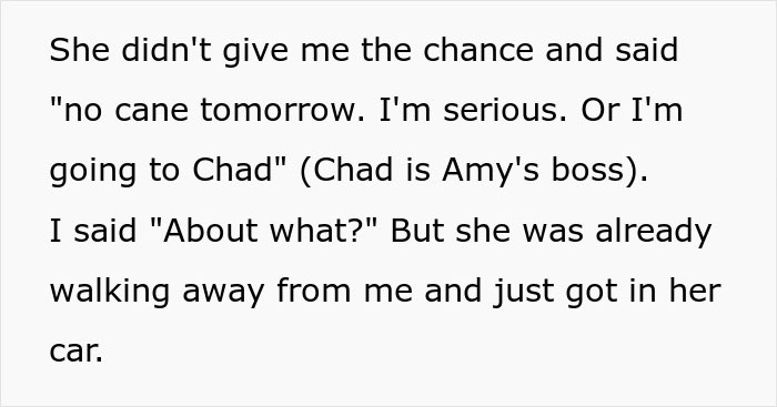 Text excerpt describing a conversation about confronting a coworker to prove she&rsquo;s not actually disabled after work.