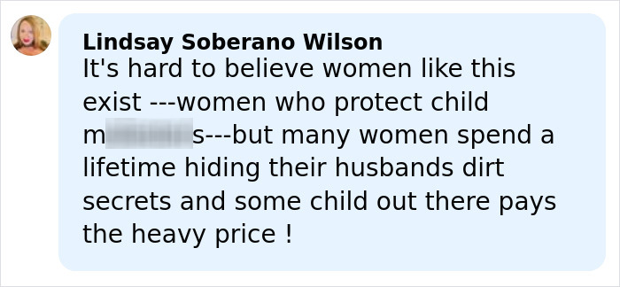 Comment by Lindsay Soberano Wilson criticizing women protecting a*****e husbands, related to Melissa Gilbert&rsquo;s letter to judge about Timothy Busfield.