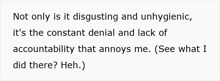 Text about sister disgusted by brother leaving stains on toilet seat and shaming him publicly to stop it.