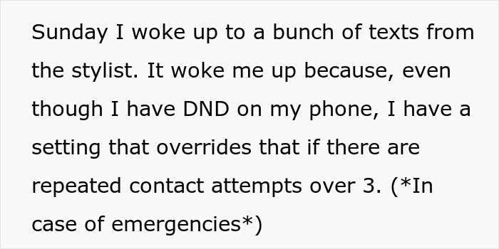 Text message conversation about repeated contact attempts from a hair stylist after finding a weird shrine related to hair.