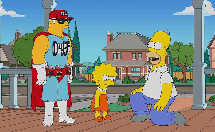 The Simpsons 2026 predictions: Homer kneeling and laughing beside Lisa and a caped Duff Man on a suburban porch. The Simpsons 2026 predictions: Homer kneeling and laughing beside Lisa and a caped Duff Man on a suburban porch.