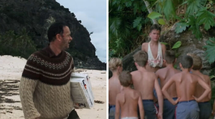 Would You Rather: stranded man on beach with package versus group of boys in jungle confronting leader