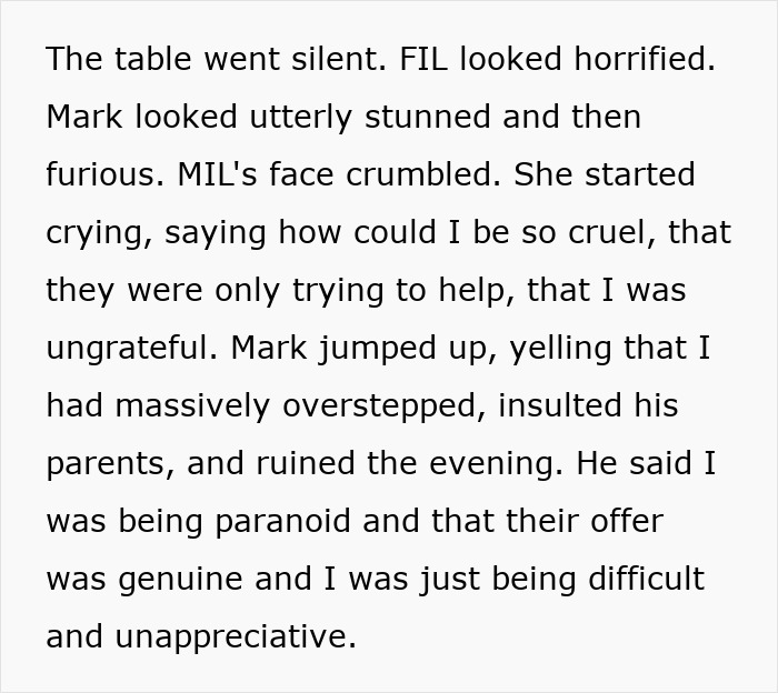 Alt text: Woman snaps at MIL accusing her generous gift of being a manipulative way to control her life. Alt text: Woman snaps at MIL accusing her generous gift of being a manipulative way to control her life.