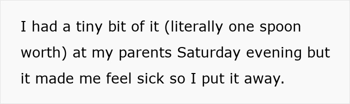 Text excerpt about man eating pregnant partner’s craving treat and feeling sick afterward, sparking relationship doubts. Text excerpt about man eating pregnant partner’s craving treat and feeling sick afterward, sparking relationship doubts.