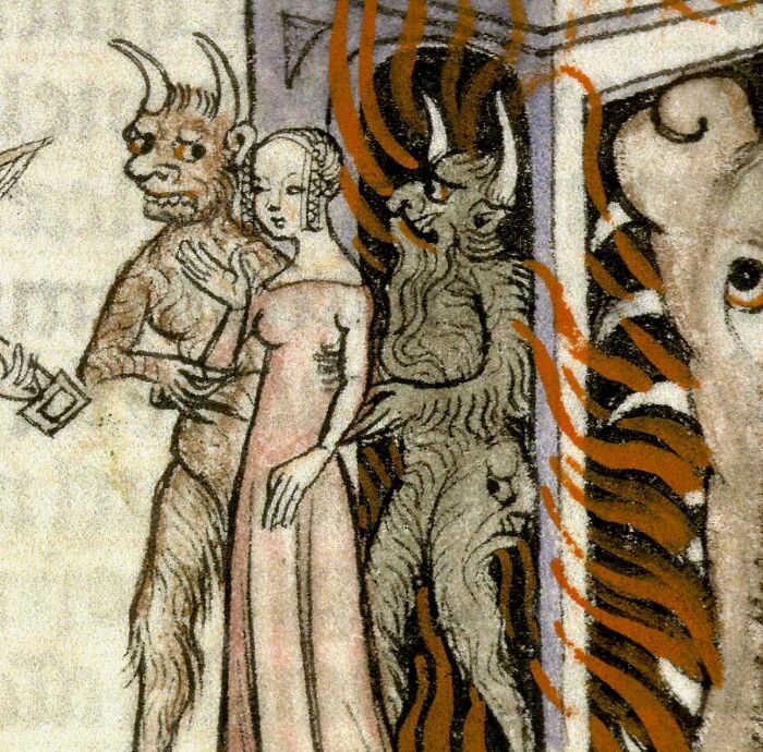 Medieval painting featuring a woman with two horned creatures, ideal for meme captions and punchlines creation.