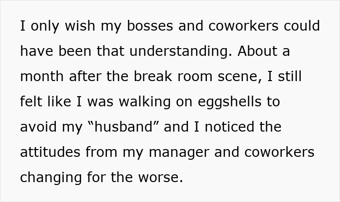Text excerpt discussing a married lady feeling shocked as coworker falsely claimed they were hitched, causing workplace tension.