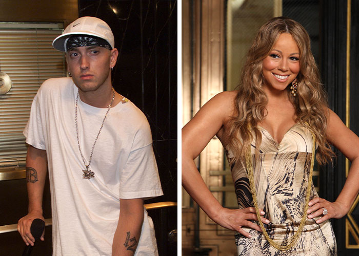 Eminem in white shirt and cap looking serious, Mariah Carey smiling confidently in patterned dress, celeb drama and unbothered stars.