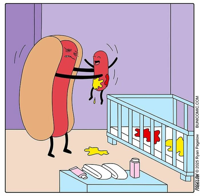 Hot Dog comics illustration: parent hot dog holding mustard-smeared baby hot dog over crib in colorful nursery